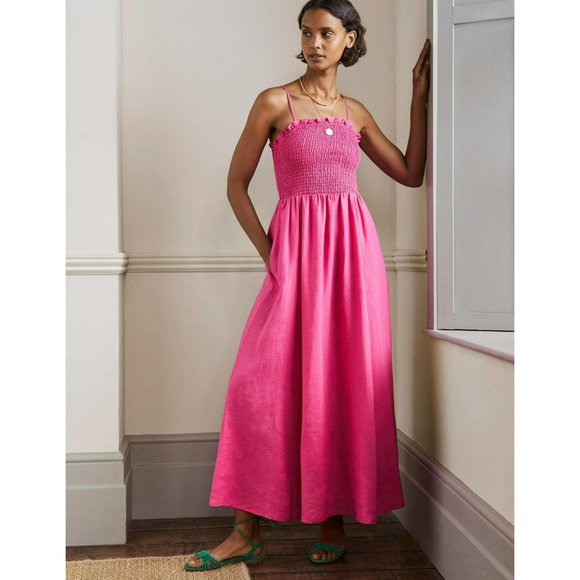 Boden Dresses & Skirts - Boden Strapless Linen Summer Midi Dress in Pink Pop Pansy Smocked Size 6 NWT